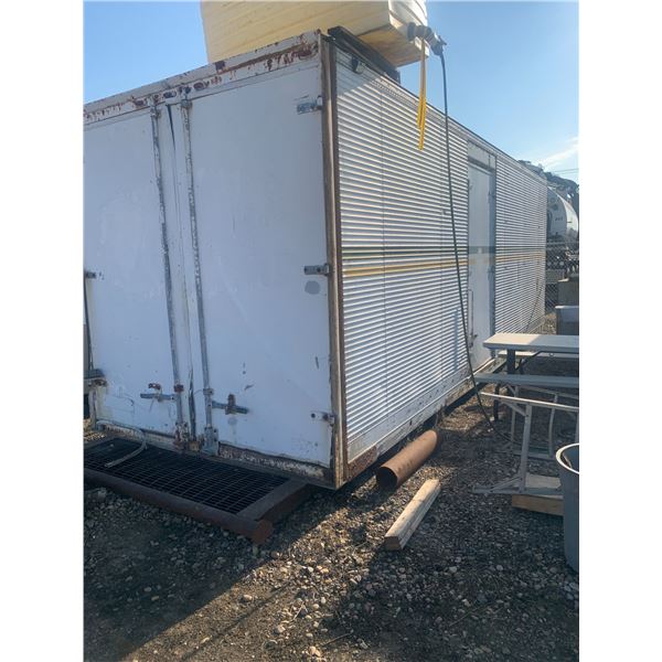 FRUEHAUF Skidded 25' Tool Crib with locking cages & shelving. Racking fastened to wall included. Wat