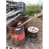 Image 1 : Two 45 Gallon Steel Drums with misc metal, and reel of 3/4" Wire rope