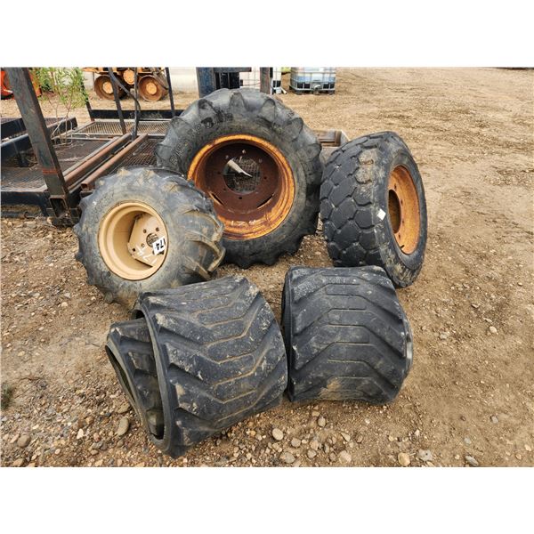 Three tires, One 26x12.00-12, One 33x18.00-20, One 12x16.5 and Two pieces of rubber matting