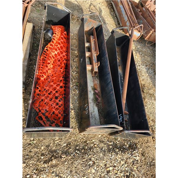 Three steel drill stem baskets and misc steel and snow fence