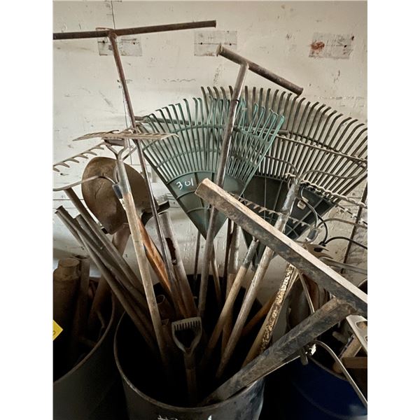 Quantity of rakes/shovels/crowbars etc and steel barrel