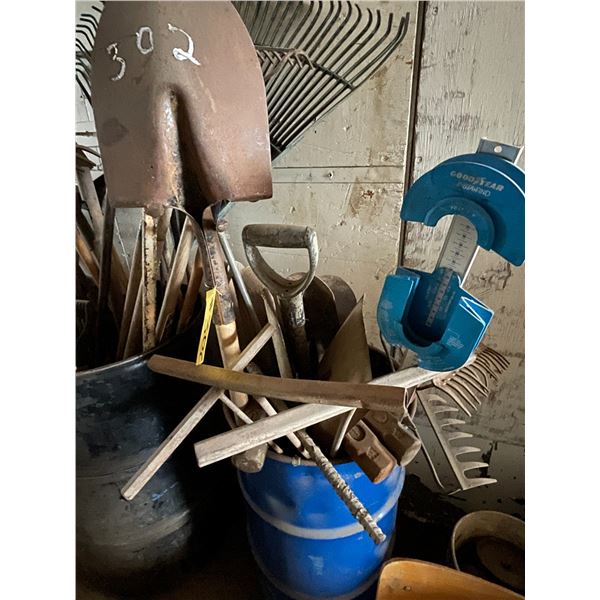 Quantity of rakes/shovels/sledgehammers etc and steel barrel