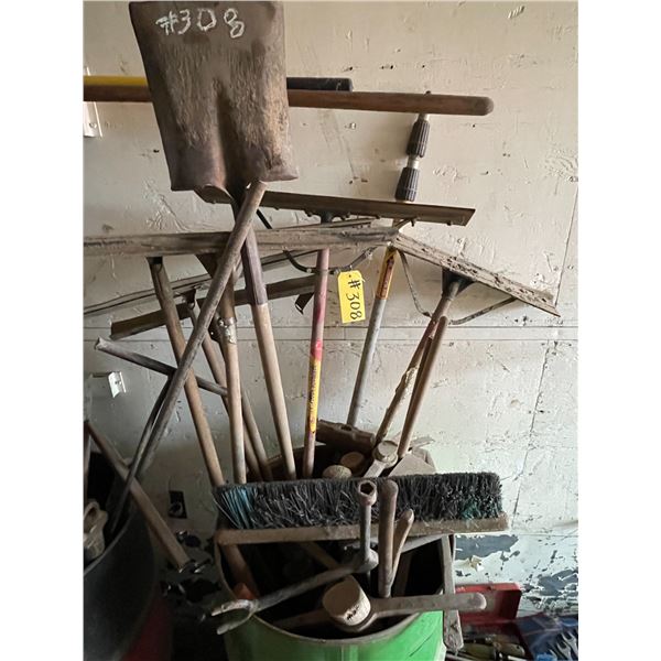 Quantity of floor squeegees, shovels, tools and steel barrel