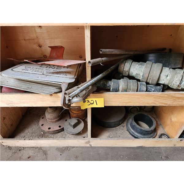 Quantity of brass fittings, aluminum signs and misc valve box/fitting parts
