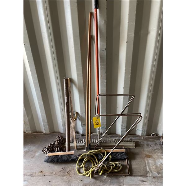 Large Rake, large broom, chain and two metal garbage bag stands