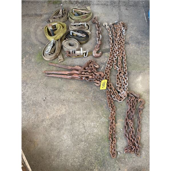 Ratchet straps, tail chain, tie-down chains and boomers