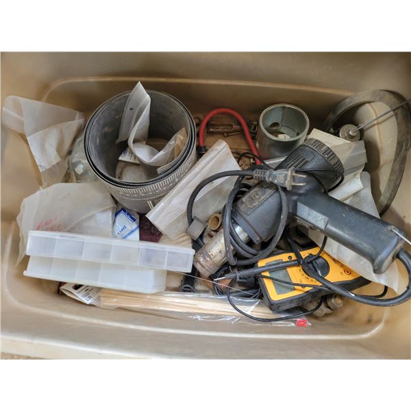 Plastic tub with heat gun and misc items