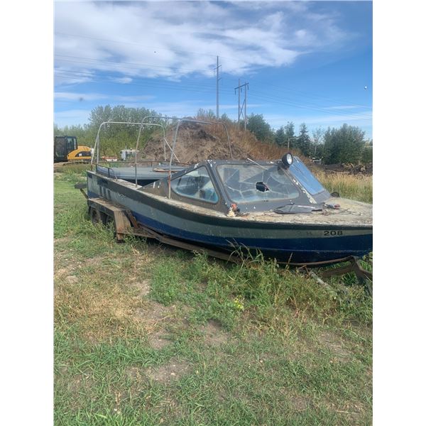 Older, approx. 24 ft river boat c/w 2- V8 engines, tandem trailer (Sold as is) (Consigned) Ph Rick (