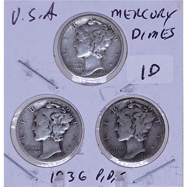 1936 P, D, S Mercury Dime Set
