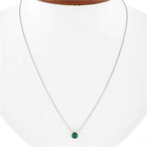 NEW 14K White Gold 0.42 ctw Emerald Cut Emerald Petite Solitaire Pendant Necklac