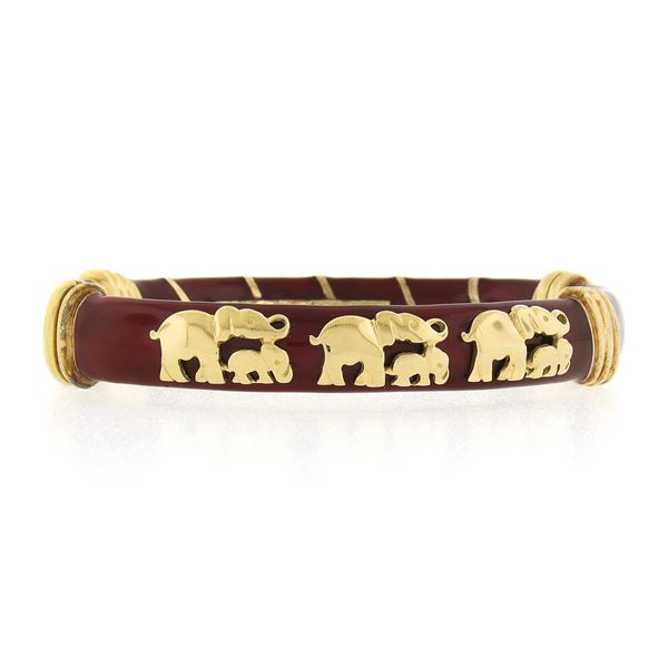 Cassetti 18k Gold Red Enamel Baby & Adult Elephants Hinged Open Bangle Bracelet