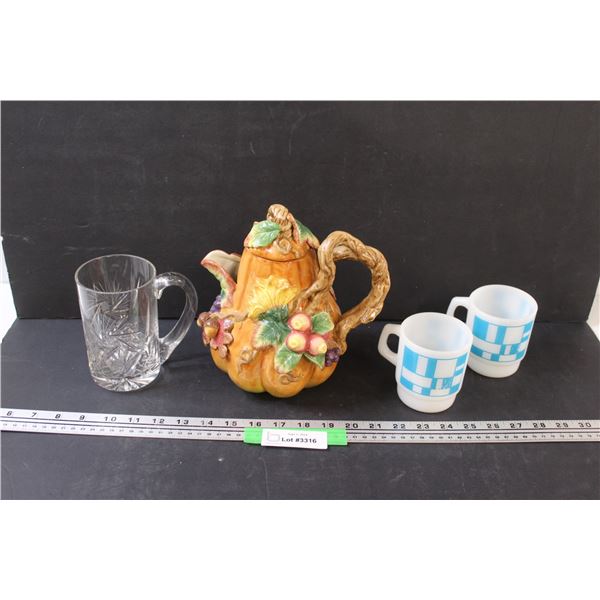 Squash Teapot & (2) Vintage Blue Mugs & Pinwheel Glass Beer Mug