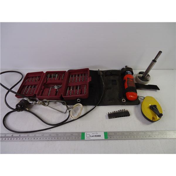 Black & Decker Drill, Measuring Line, Drill Bits and Clip on Light