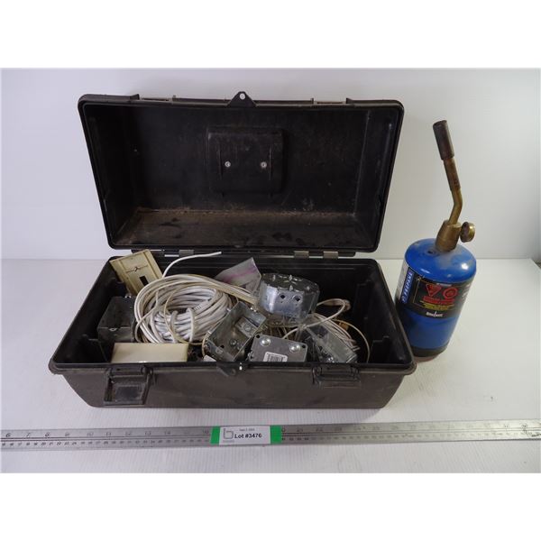 Plastic Tool Box with Electrical Parts and Wires and Propane Torch