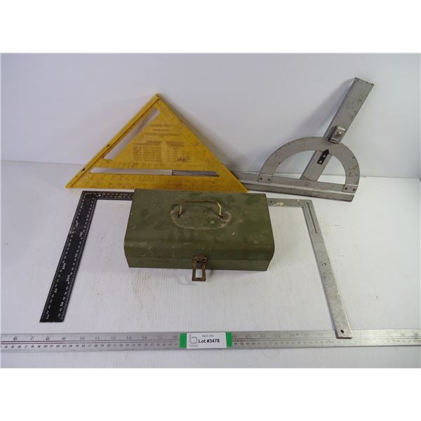 (4) Different Measuring Tools and Small Tool Chest with misc.