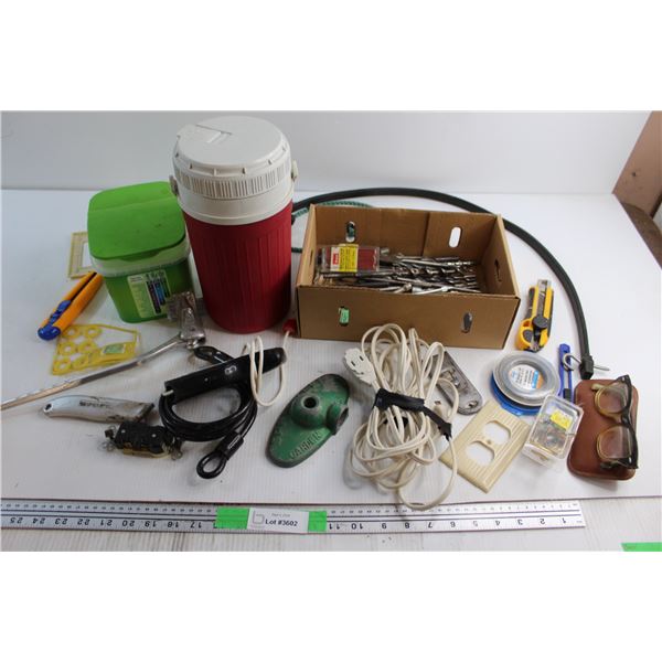 Cooler Jug, (4) Box Cutters, Vintage Glasses, Assorted Drill Bits and Assorted Items