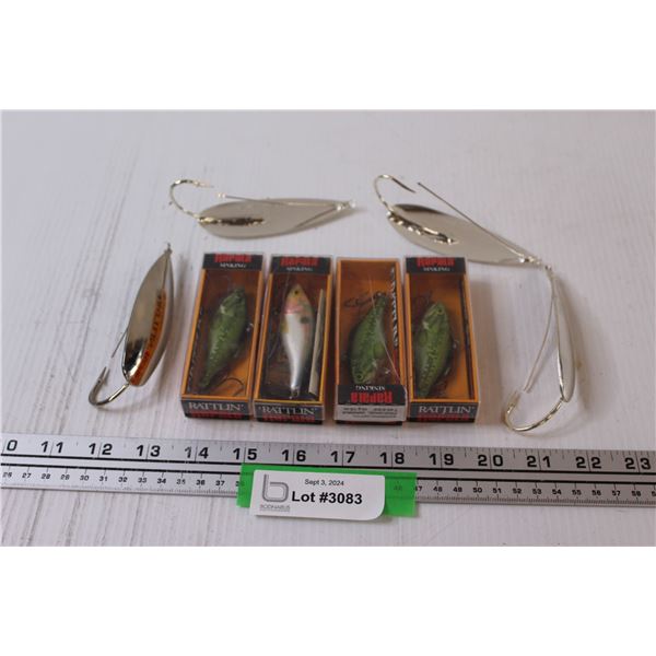 (4) Rattlin Rapala Fishing Lures & (4) Silver Minnow Spoons