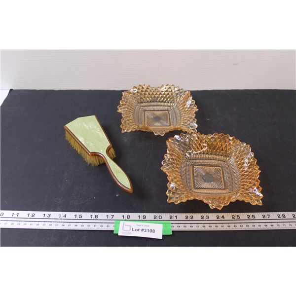 (2) Vintage Indiana Glass Amber Candy Dishes & Celluloid Amber Hair Brush