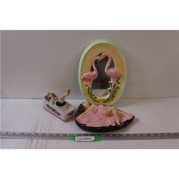 Vintage Lady's Tray & Ashtray(Legs Have Some Repair), Flamingo Mirror