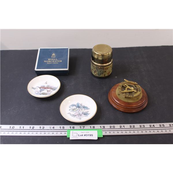 (2) Royal Winchester 4" Decorative Plates, Compass on Wood Pedestal, Map Metal Container