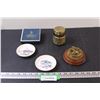 Image 1 : (2) Royal Winchester 4" Decorative Plates, Compass on Wood Pedestal, Map Metal Container