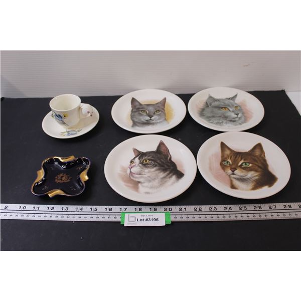(4) Wood & Sons Cat Decorative Plates, Blue Ashtray, Hallcraft Tea cup Set