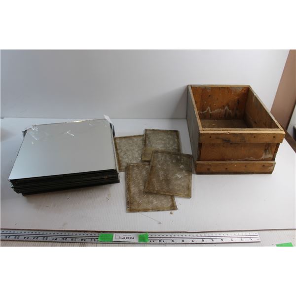 (26) Mirrors , (4) Glass Plates and Wooden Crate