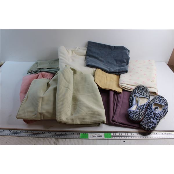 Assorted Bed Sheets and Pillow Cases and Ladies Slippers - Size 9