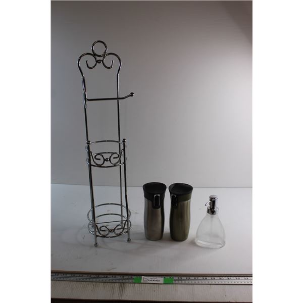 (2) Contigo Coffee Mugs, Soap Distributor and Toilet Paper Rack 28''
