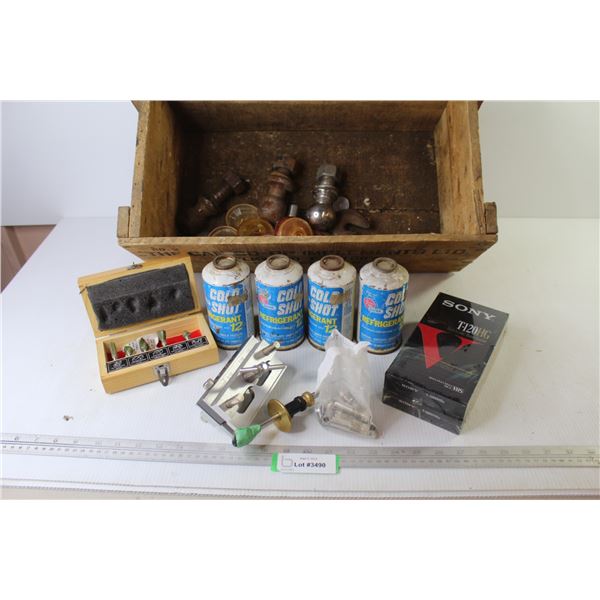 Dowel Jig - Router Bits - (4) Cold Shot Refrigerants - (2) VHS Tapes (NIB) - Wooden Crate - 2"-1/7/8