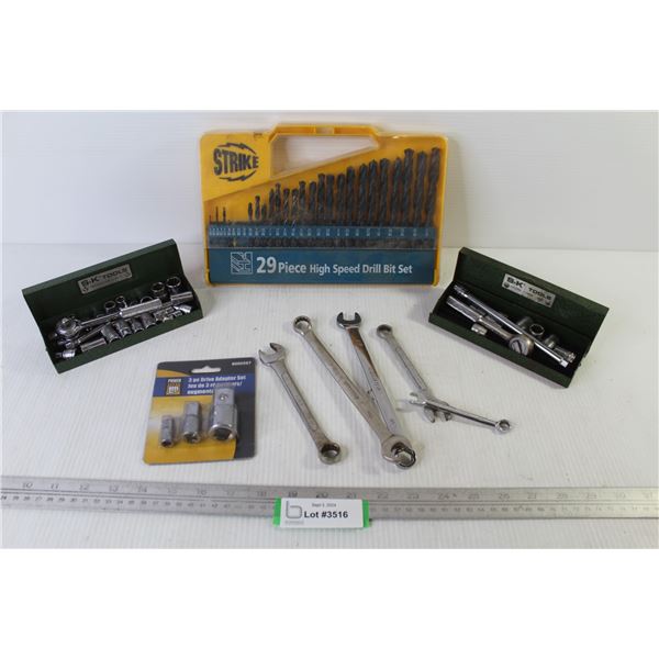 (2) S-K Socket Sets (incomplete) - Strike Drill Bits - Wrenches - 3 Piece Adapter Set