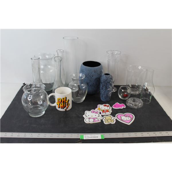 (9) Glass Vases, (2) Ceramic Vases, Oh Thit Mug, Hello Kitty Foam Stickers, Assorted Glassware