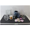 Image 1 : (9) Glass Vases, (2) Ceramic Vases, Oh Thit Mug, Hello Kitty Foam Stickers, Assorted Glassware