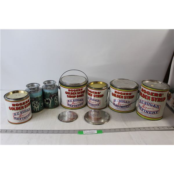 (5) Rogers' Golden Syrup Tins, (2) Cow Milk Tins