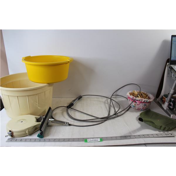 Assorted Clothesline Clips, Dust Pan, (2) Tubs, Rota Reel 40' Clothesline Reel, Window Car Window Wa