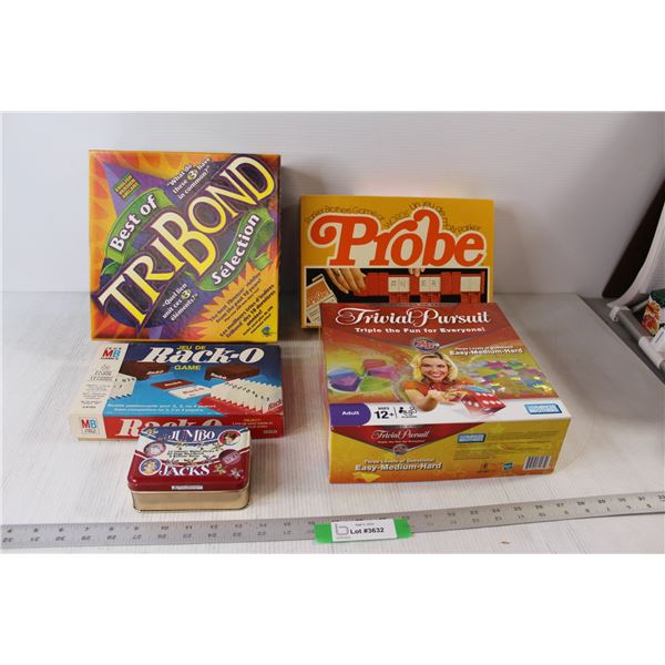 (5) Board Games: Probe, Best Of TriBond, Rack-O, Trivia Pursuit, Jumbo Jacks - All As Is