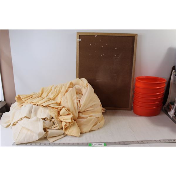 Assorted Curtains, Chalk Board - 18" x 24", Cork Mat - 21" x 17", (6) Orange Bowls/Containers
