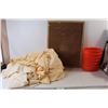 Image 1 : Assorted Curtains, Chalk Board - 18" x 24", Cork Mat - 21" x 17", (6) Orange Bowls/Containers
