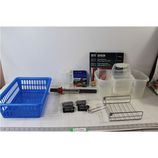 Dumbbell, (2) Plastic Containers, (2) Epson Ultra Premium Photo Paper Glossy, Epson 220XL Ink Cartri