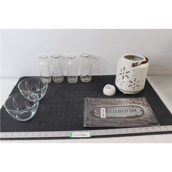 (2) Glass Bowls, (4) Glass Milk Bottles, Christmas Holiday Lantern, Washroom Sign - 12" x 8"
