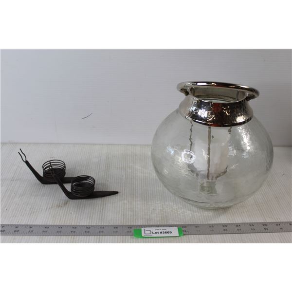 (2) Metal Snail Candle Holders, Glass Lantern