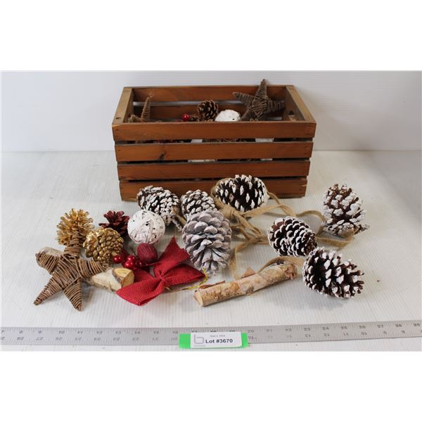 Assorted Wooden Pinecones Decorations and Various Christmas Holiday Decorations
