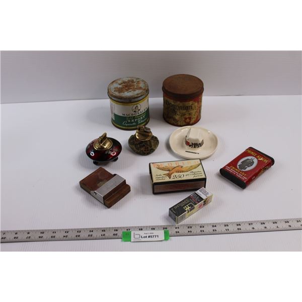 (2) Vintage Desk Lighters, (2) Vintage Tobacco Tins, Vintage Cigarette Roller, Prince Albert Tobacco