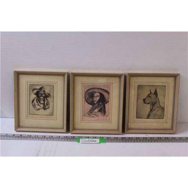 (3) Charcoal Drawings in Frames - 9" x 6" - Various Artists - One Frame Has Crack in Glass