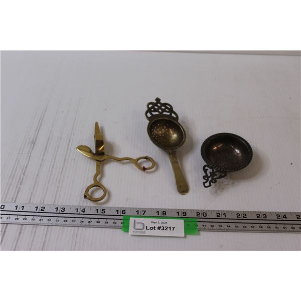 (2) Antique Tea Strainers & Candle Wick Trimmer
