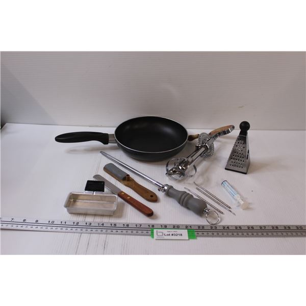 Lot: Frying Pan, Hand Beater, Grater, Knife Sharpener, Misc.