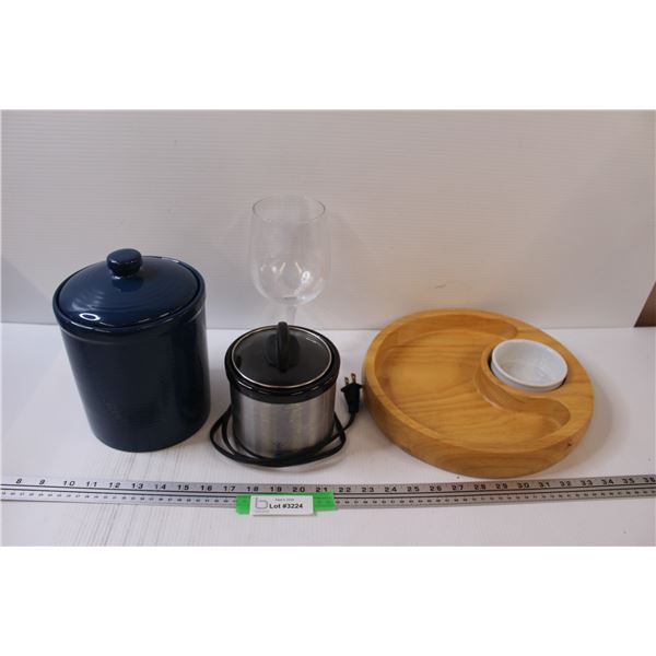 Blue Storage Crock, Wooden Chip & Dip Platter, Mini Crockpot, Extra Large Wine Glass
