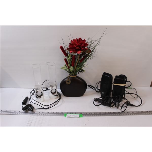 Faux Flowers in Vase, (2) Computer Speakers, (2) Vehicle Chargers
