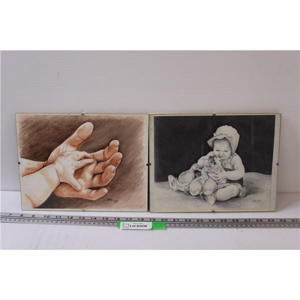 (2) Charcoal & Pastel Art in Frames - 11" x 9"