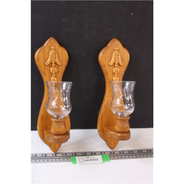 (2) Wooden & Glass Wall Mount Candle Holders - 11" Long